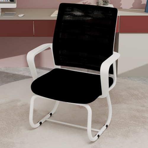 Clyrava Black Comfy Office Chair No Wheels, Ergonomic Waiting Room Chairs, Mush Office Chairs for Guests, Comfortable Desk Chair Without Wheels for Reception Conference Study (White Black)
