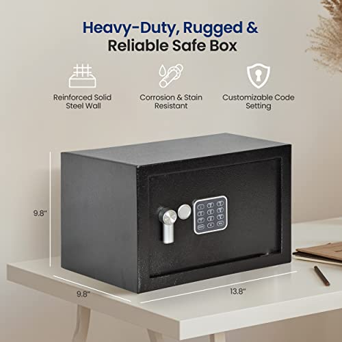 SereneLife Electronic Safe Box | Heavy-Duty 13.8’’ x 9.8’’ Small Lockbox | Digital Keypad Code & 2 Key Override | Compact Money Safe for Cash, Jewelry, Valuables | Wall & Floor Mountable Storage
