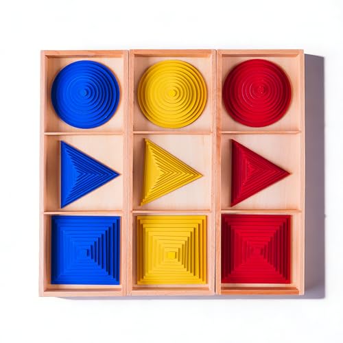 Premium Montessori Geometric Graded Shapes Beechwood，Red Yellow Blue Color Squares Triangles Circles, Sensorial Materials Shape Recognition, Size Discrimination Fine Motor Skills, Homeschool Kids