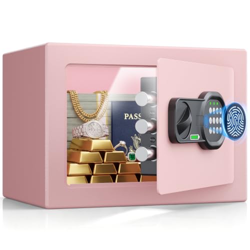 ANBEGE Mini Biometric Safe Box for Home, 0.44 Cu Ft Small Fingerprint Safe with Keypad & Keys, Steel Personal Security Safe with Magnetic Light, for Jewelry, Cash, Passport, Medication, Light Pink