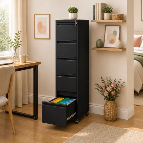 5 Drawer File Cabinet with Wheels ,Metal Mobile Filing Cabinet with Lock