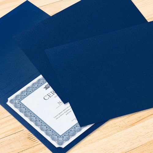 Plain Blue Certificate Folders - Pack of 50, Linen Cover 80 lb. Stock, Folded, Die-Cut Corners, for Office, Business Awards, Graduation, School Diploma Holder, 9-1/2" x 12"