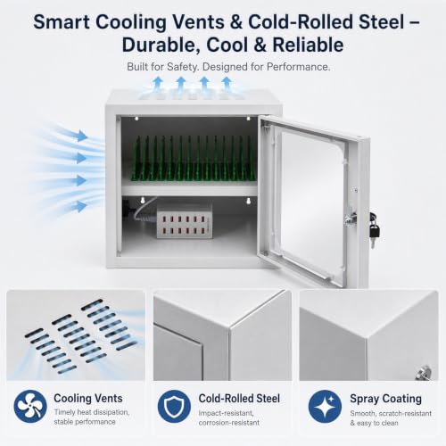 12-Device Charging Cabinet | Laptop Lock Box for iPad Tablet Fits 8" Screen | Locking Laptop Storage Box | with Cable Management and Charger Storage | for Classroom, Library, and Office (White)
