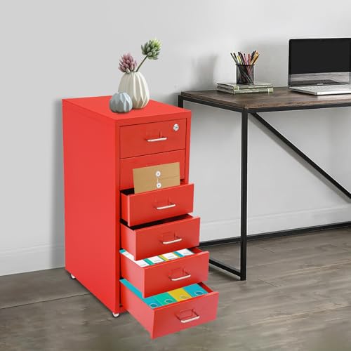 MhdunueSK 4 Drawer File Cabinet with Lock,Metal Office Filing Cabinets for Home Office,Metal Vertical File Storage Cabinet with Wheels,Storage A4/Letter/Legal (Red)