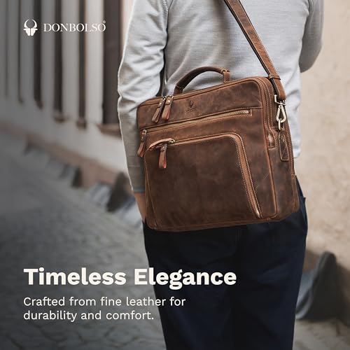 DONBOLSO San Francisco Laptop Bag - 17-Inch Handcrafted Leather Messenger Bag for Men and Women - Leather Shoulder Bag with Adjustable Strap for Office, Travel, Uni, or Business Use - Vintage Brown