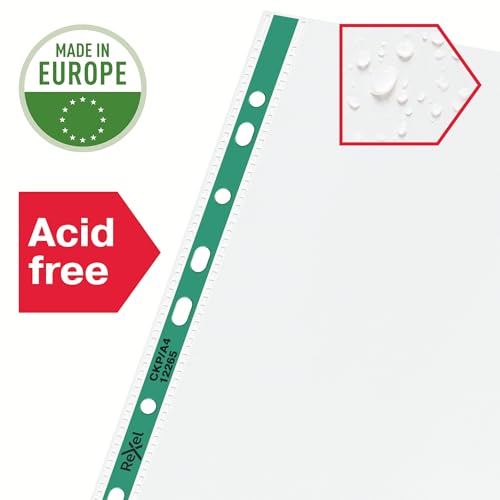 Rexel Copy King A4 Punched Pockets with Green Spine, Glass Clear, Copy Safe, Pack of 100, 12265
