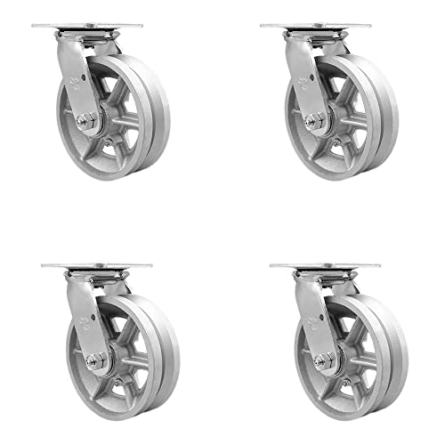 Heavy Duty Swivel Caster Set of 4 with 6 Inch V-Groove Semi Steel Cast Iron Wheels and Bronze Bearings - Includes 4 Swivel with Bolt on Swivel Locks - 4,800lbs. Total Capacity - Service Caster Brand
