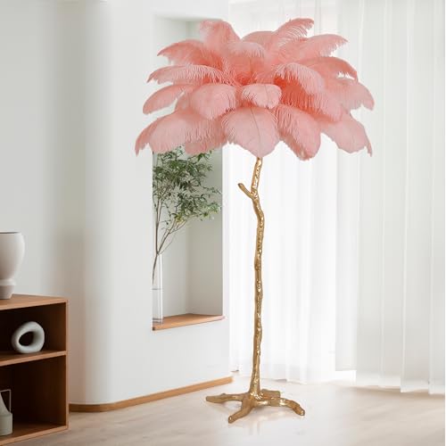 MAYOLA Luxury Resin Ostrich Feather Lamp, 35 Pieces Real Ostrich Feathers,Floor Light for Living Room, Bedroom and Office 67” Tall Feather Lamp(Pink, Floor Lamp)