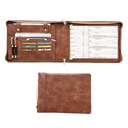 Gvalant 7-Ring Zippered Checkbook Binder for Business Checks - Premium Vegan Leather Portfolio Holds 600 Checks (9"x13") - Personalized Name/Logo for Men & Women (Retro Brown, Standard)