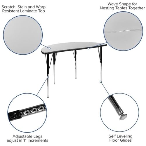 Flash Furniture 3 Piece 76" Oval Wave Collaborative Grey Thermal Laminate Activity Table Set - Standard Height Adjustable Legs
