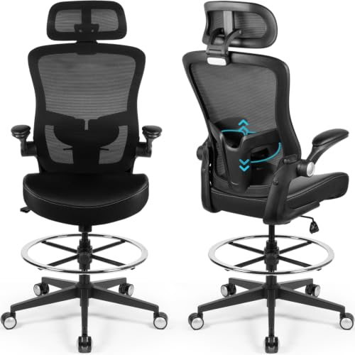 Drafting Chair 400lbs Tall Office Chair Heavy Duty Ergonomic Standing Desk Chair with Adjustable Lumbar Support, Flip-Up Armrests, Footrest Ring and Headrest
