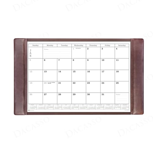 Dacasso 34” x 20” Chocolate Brown Leather Calendar Desk Pad w/Side Rails - Replaceable Insert - Executive Desk Surface Protector - Luxury Blotter for Writing