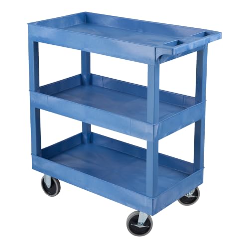 Luxor Three Shelf Heavy Duty High Capacity Tub Cart with Handle - 18"D x 35.25"W x 37.25"H, Plastic, Blue