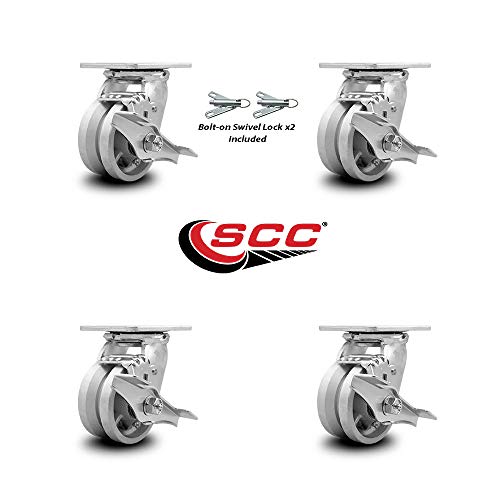 Heavy Duty Swivel Caster Set of 4 with 4 Inch V Groove Semi Steel Cast Iron Wheels and Ball Bearings-Includes 2 Swivel with Brakes and Bolt on Swivel Locks and 2 Swivel with Brake-Service Caster Brand
