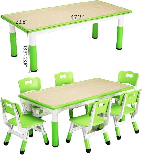 GlowSol Kids Table and 6 Chair Set - Height Adjustable Multifunctional Desk, Ergonomic Chairs, Max 300lbs, Suitable for Ages 2-10, Home, Classroom, Daycares