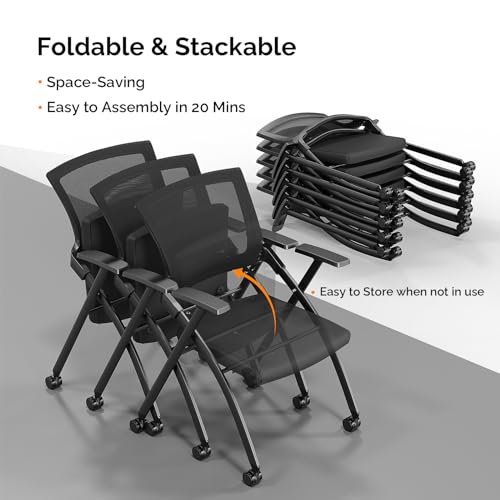 1 Pack Office Guest Reception Chairs,Ergonomic Folding Mesh Office Desk Chair,Stackable & Foldable Conference Room Chairs,Mesh Comfy Desk Chair with Wheels,for Home, Office, Training Room (Black)