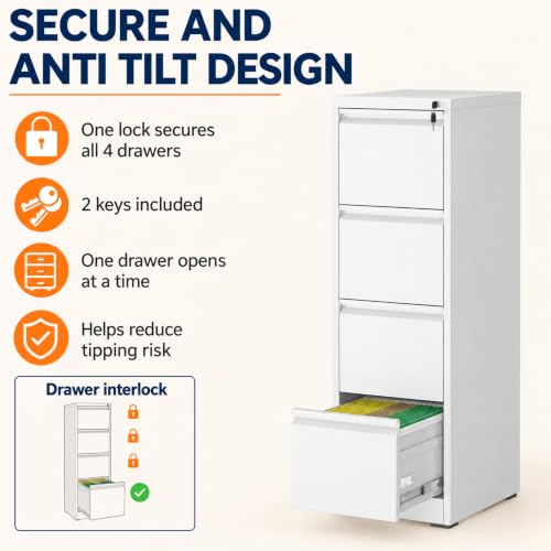 4 Drawer Vertical Filing Cabinet with Lock for Home Office, White
