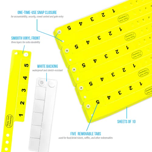 500 WristCo Neon Yellow 5 Tab Vinyl Cash Tag Wristbands for Events