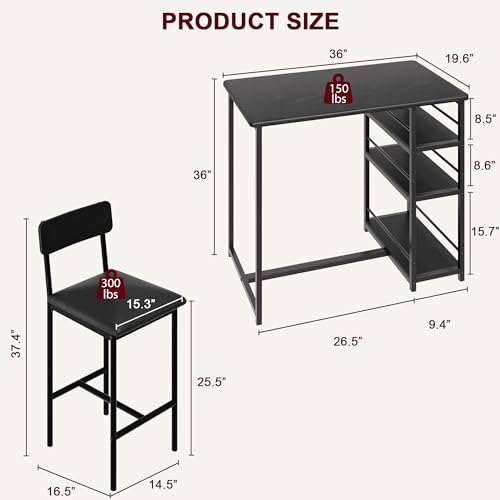 Small Bar Table and Chairs Set of 2 with 3 Storage Shelves, 3-Piece Counter Height Wood Kitchen Dining Room Table Set with Sturdy Metal Frame Footrest, High Top Desk for Small Spaces, Breakfast Nook