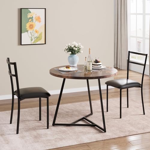 2 Person Compact Dining Set, Round Kitchen Table Upholstered Chairs with Steel Frame Space Saving 3 Piece Set for Small Spaces, Apartments, Studios, Ergonomic Chairs