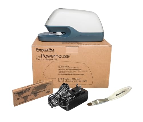 PraxxisPro Powerhouse Electric Stapler, Ultra-Quiet Automatic Stapler, 40 Sheet Capacity, Jam-Free Flat Clinch, Includes 1,250 Staples, Magnetic Staple Remover & AC Adapter, Uses Standard Staples