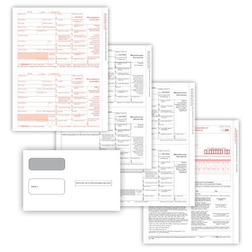 ComplyRight 1099-MISC Set, 4-Part, 2-Up, Copy A, B, 2/1, 2/1 with Gummed Envelopes, 100 Recipients, Tax Filing Supplies