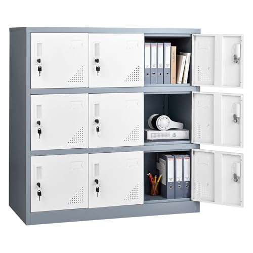 VEVOR 9 Doors Metal Locker for Employees, Steel Locking Storage Cabinet with Card Slot and Ventilation, 2 Keys for Each Door, Employee Lockers for Office, School, Gym, Home, Easy Assembly, Gray