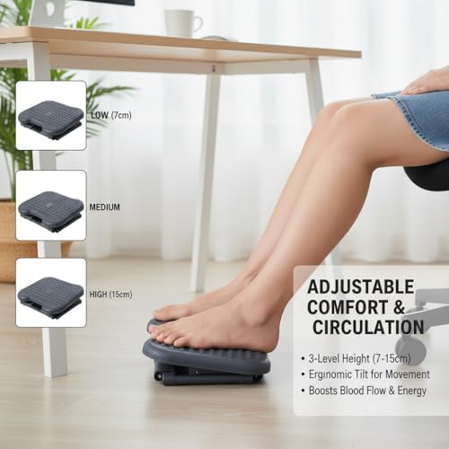 Adjustable Foot Rest for Under Desk, Ergonomic Footrest with Pebble Massage, Tilt and Height Adjustable Foot Stool for Home Office, Portable Leg Support for Desk Chair