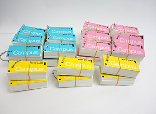Kokuyo Campus Flash Cards with Binder Rings, Word Cards, Anki Cards, Mini Notecards, Medium Size 0.12''x 2.68'', 30 Packs in Blue, Pink and Yellow, Japan Import (TAN-101TSUME)