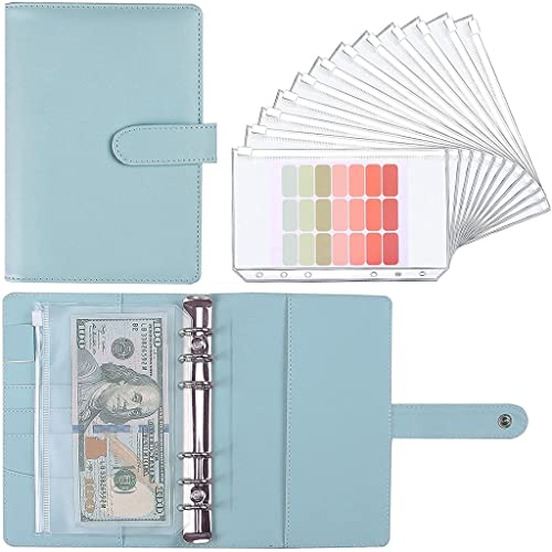 ONMYJFD A6 PU Leather Notebook Binder Folder Planner Personal Budget Cash Envelopes System with 12 Binder Zipper Pockets,Label Stickers(Black)