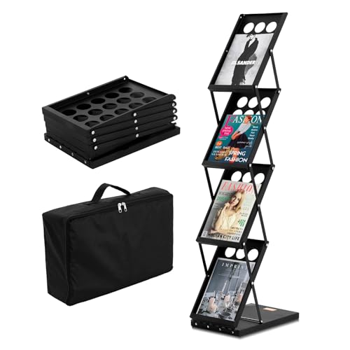 VEVOR Foldable Magazine Display Rack, 4-Tier Brochure Literature Display Stand, Portable Catalog Brochure Holder Stand with Carrying Bag for Office Trade Show Exhibitions, 4 Pockets