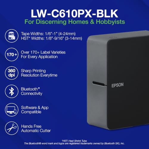 LABELWORKS Epson LW-C610PX-BLK Bluetooth Label Maker - Black, AC Adapter
