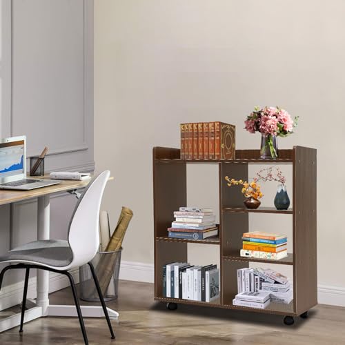 Book Shelf 5 Cube Short Bookshelf Bookcase, File Cabinet Filing Storage Cabinets, Low Shelf Cubbies Book Case with 360° Wheels and Dividers, Cube Organizer Shelf for Home Office (Dark Walnut)