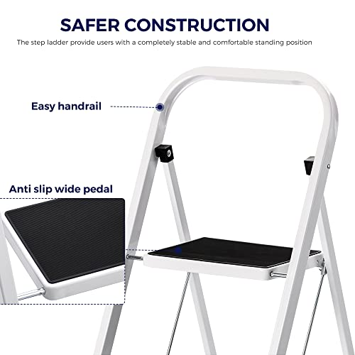 2 Step Ladder Step Stool, Sturdy Step Stools for Adults with Wide Anti-Slip Pedal, Portable Folding Step Stool with Handle, Lightweight Steel Step Ladder, 330lbs Capacity Kitchen Step Stool, White