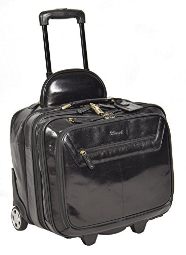 A1 FASHION GOODS Genuine Black Leather Pilot Case Trolley Bag Laptop Business Travel Weekend Cabin Bag AL1