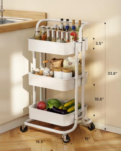 Pipishell 3 Tier Rolling Cart, Utility Cart with Wheels & Handle, White