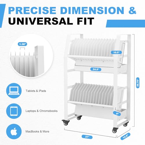 32-Device Open Charging Cart, Two-Shelf Mobile Charging Station, White