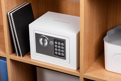 Small Safe Box With Digital Keypad & Keys - 9.05 x 6.7 x 6.7 Inches Wall Safe 0.23 Cuft Mini Security Lock for Coin Home Office Hotel Rooms Business Jewelry Gun (White)