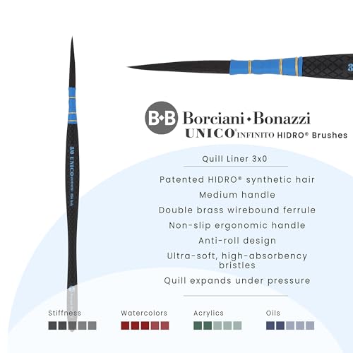 Borciani e Bonazzi Infinito Synthetic Quill Liner Watercolor Brush - Size # 3x0 w/Patented Hidro Hair - Watercolor Artist Brushes - Non-Slip, Anti-Roll Handle - Handcrafted in Italy