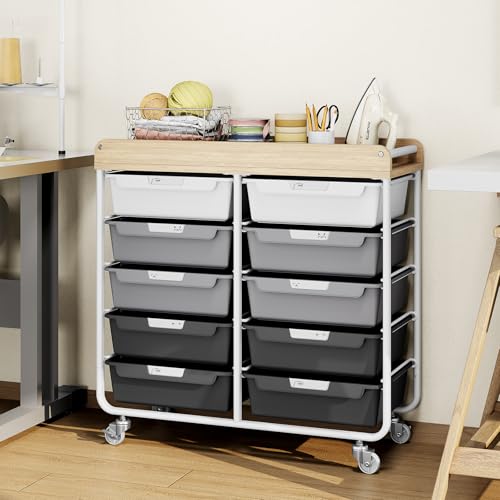 10 Drawer Rolling Storage Cart with Wood Top for Classroom Crafts Grey