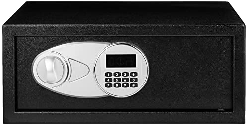 Amazon Basics Steel Security Safe and Lock Box with Digital Keypad, Electronic Lock, Emergency Key Open, Secure Cash, Jewelry, Documents, Black, 0.7 Cubic Feet, 16.9-x-14.6-x-7.1-inches (WxDxH)