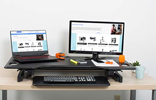 Rocelco 46" Large Height Adjustable Standing Desk BUNDLE - Quick Sit Stand Up Dual Monitor Riser - Tall Gas Spring Assist Computer Workstation - Retractable Keyboard Tray - Black (R DADRB-46-FS2)