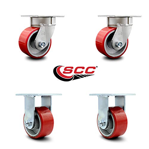 Heavy Duty Kingpinless Swivel Caster Set of 4 with 4 Inch Red Polyurethane on Cast Iron Wheels and Ball Bearings - Includes 2 Swivel and 2 Rigid - 2,800 lbs. Total Capacity - Service Caster Brand