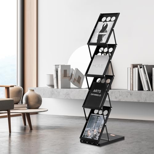 VEVOR Foldable Magazine Display Rack, 4-Tier Brochure Literature Display Stand, Portable Catalog Brochure Holder Stand with Carrying Bag for Office Trade Show Exhibitions, 4 Pockets