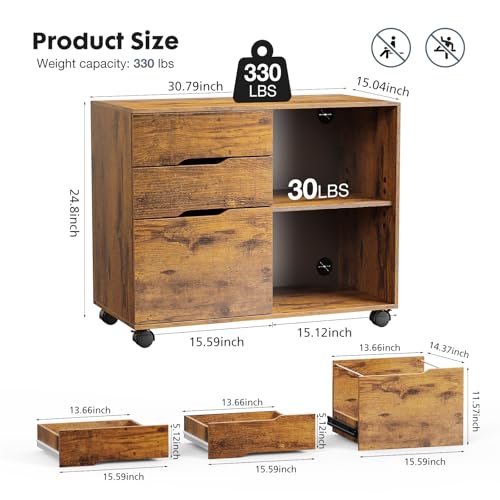 DUMOS File Cabinet with 3 Drawers, Wood Under Desk Storage Printer Stand