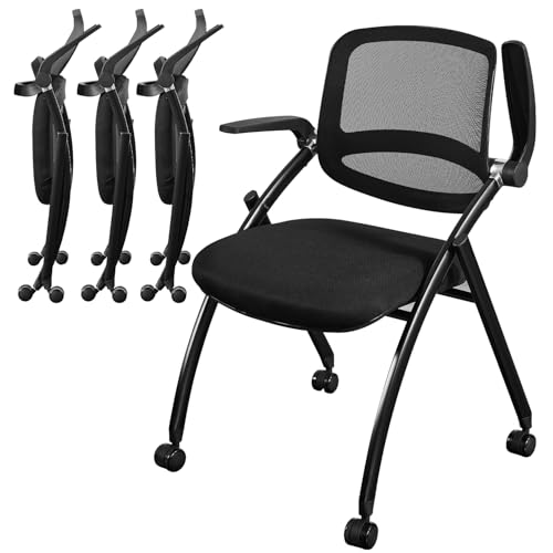BoisKom Folding Office Chair Flip Up Arm，Conference Room Chairs with Wheels, Foldbable Office Desk Chair with Adjustable Back Rest for Training Room, Guest Reception Chair (Black)