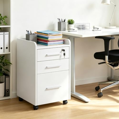 Tanimoreg White 3‑Drawer Mobile File Cabinet, Lockable Rolling Office Storage Cabinet with Raised Top Edge, Vertical Filing Cabinet for Home Office Document Organization