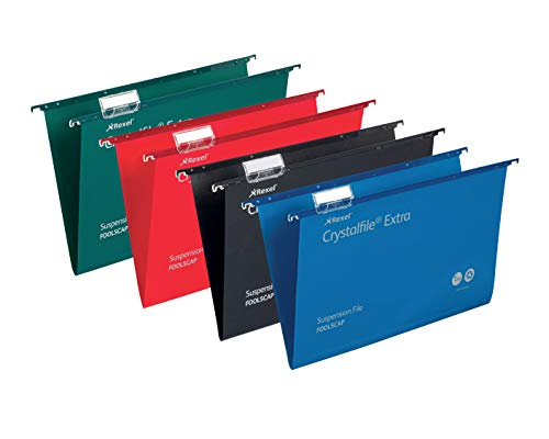 Rexel Foolscap Heavy Duty Suspension Files with Tabs and Inserts for Filing Cabinets, 15 mm Base, Polypropylene, Black, Crystalfile Extra, Pack of 25, 3000080
