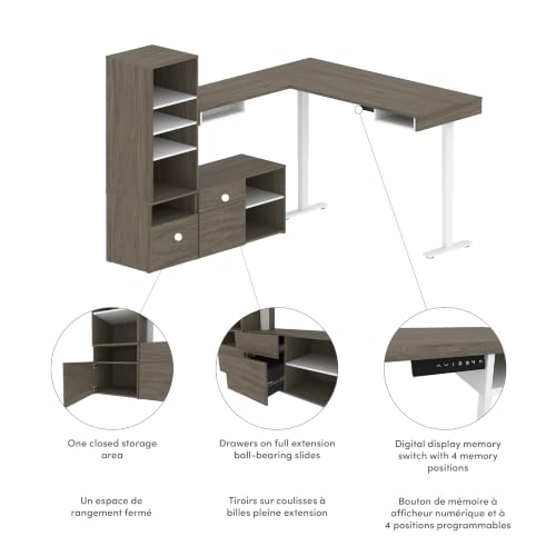 Bestar L-Shaped Standing Desk with Credenza, Walnut Grey, Viva, 72W