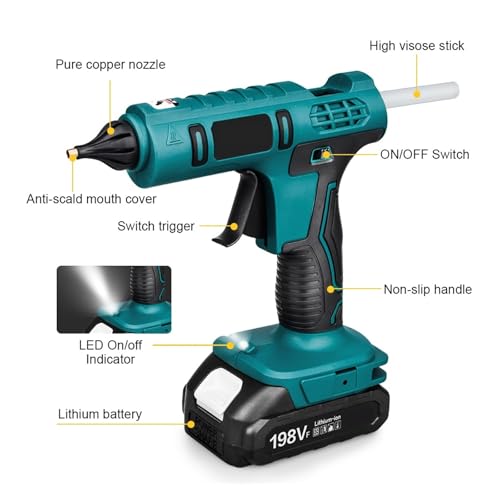 LIBODD Hot Glue Gun Electric Hot Glue Gun Cordless Heat Gun Battery Hot Silicone Gun DIY Hand Tool for 18V Battery with 10 Hot Melt Adhesive for DIY Arts, Crafts and Quick Repairs(2 x Battery Set)